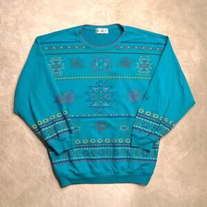 Vintage 90s Southwestern Floral Rose Print Long Sleeve Shirt Teal Blue Aztec